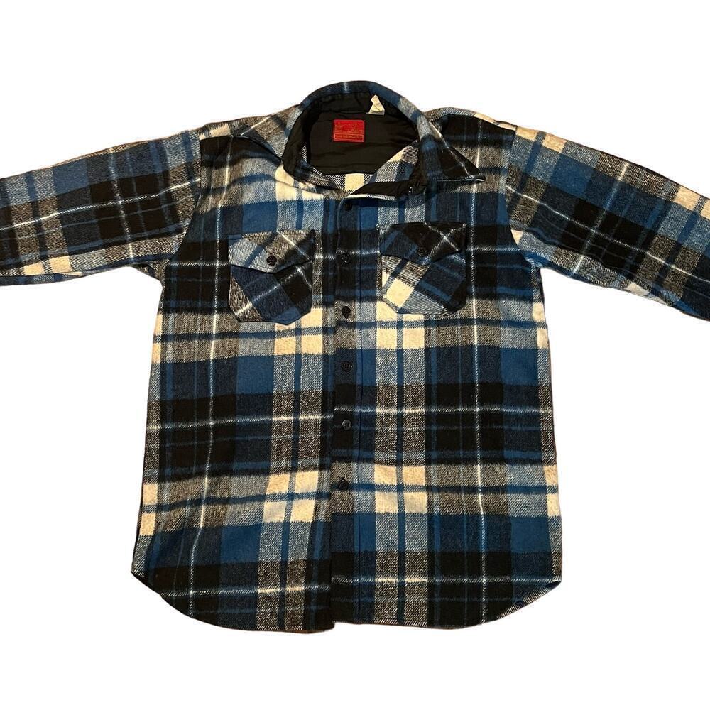 Vintage 70s Kings Road Loop Collar Wool Flannel Shirt Blue Plaid Sears Sz Large